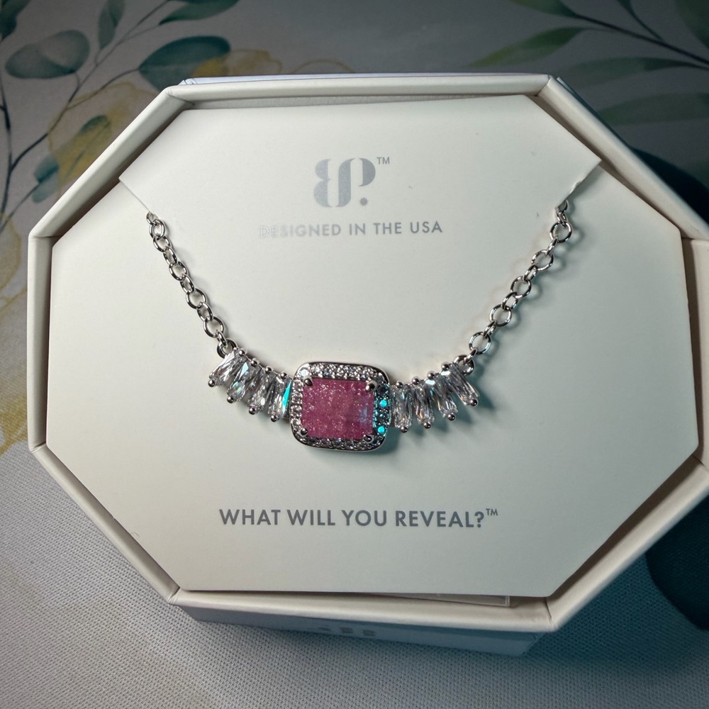 Silver Necklace with Pink Square Crystal and Clear Accents